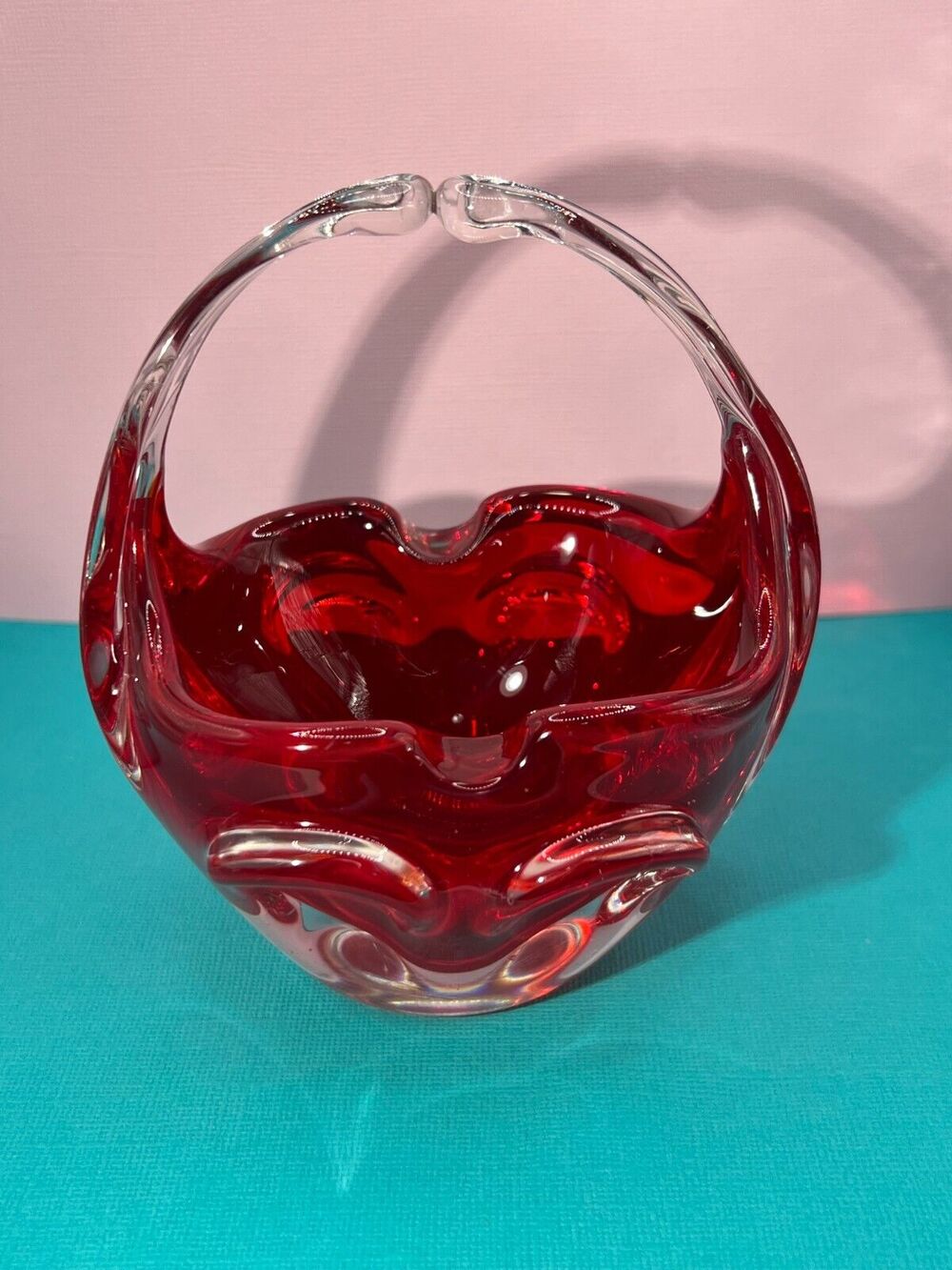 Murano Hand Blown Art Glass Sommerso Basket Ruby Red & Clear Handle